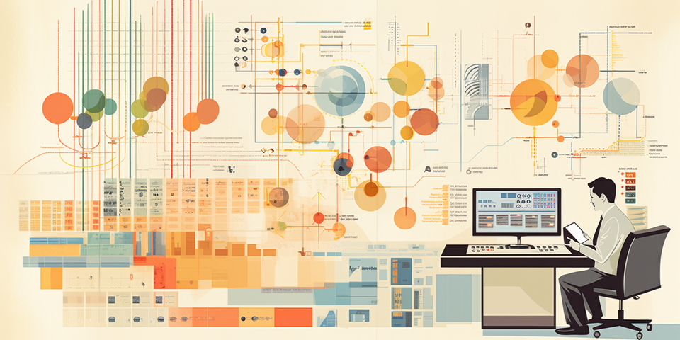 1960s-style illustration of an office worker at a computer terminal, surrounded by abstract graphs and pie charts.